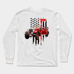 Vintage Fire Truck with Firefighter Flag Long Sleeve T-Shirt